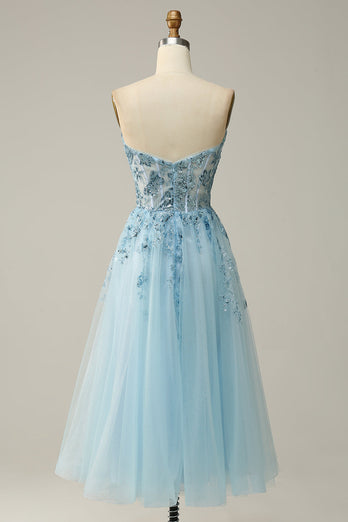 A Line Midi Sweetheart Sequins Sky Blue Formal Dress