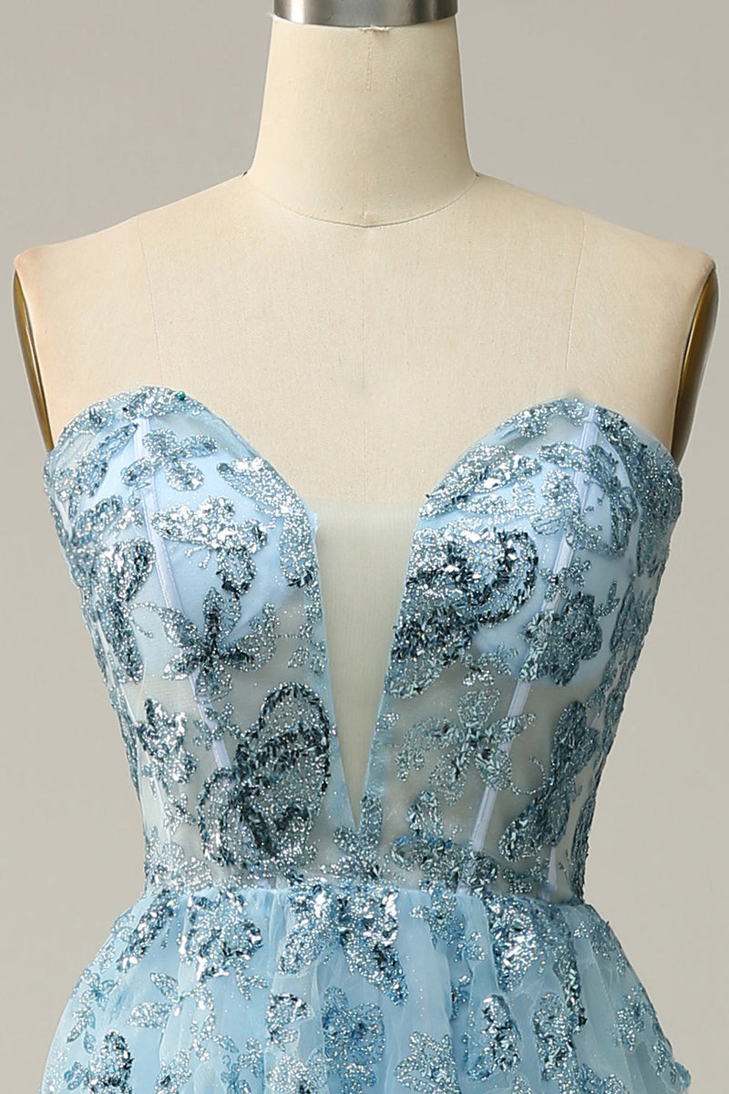 Load image into Gallery viewer, A Line Midi Sweetheart Sequins Sky Blue Formal Dress