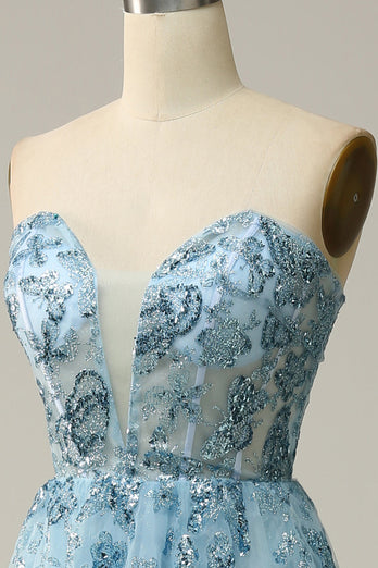 A Line Midi Sweetheart Sequins Sky Blue Formal Dress