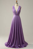 A Line Deep V Neck Purple Sleeveless Long Formal Dress