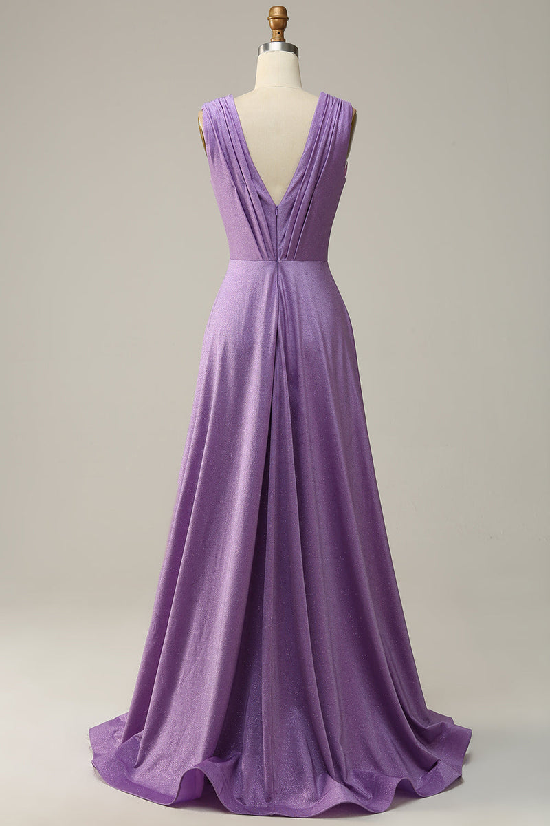 Load image into Gallery viewer, A Line Deep V Neck Purple Sleeveless Long Formal Dress