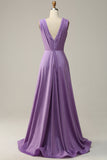 A Line Deep V Neck Purple Sleeveless Long Formal Dress