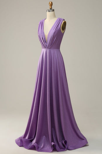 A Line Deep V Neck Purple Sleeveless Long Formal Dress