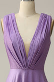 A Line Deep V Neck Purple Sleeveless Long Formal Dress