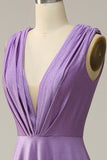 A Line Deep V Neck Purple Sleeveless Long Formal Dress