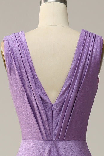 A Line Deep V Neck Purple Sleeveless Long Formal Dress