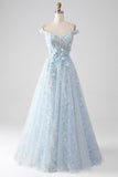 Light Blue A-Line Off the Shoulder Long Corset Formal Dress