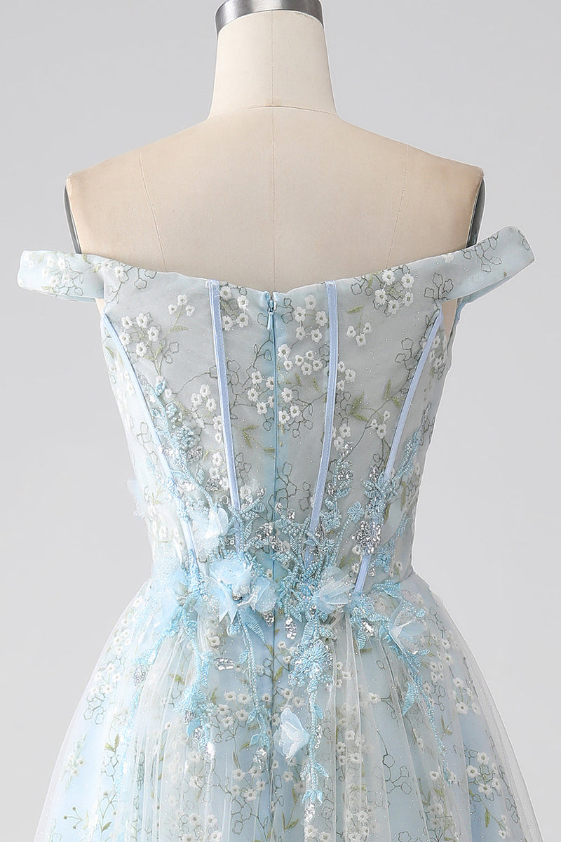 Load image into Gallery viewer, Light Blue A-Line Off the Shoulder Long Corset Formal Dress