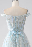 Light Blue A-Line Off the Shoulder Long Corset Formal Dress