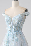 Light Blue A-Line Off the Shoulder Long Corset Formal Dress