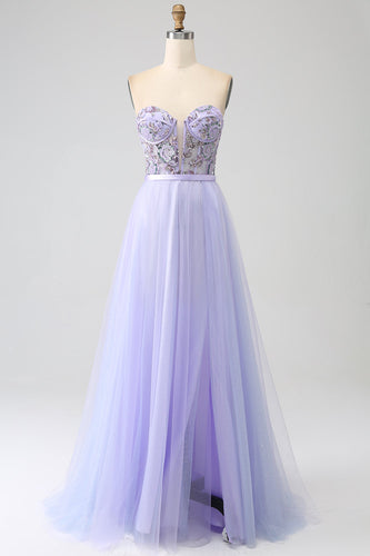 Lavender A Line Tulle Corset Formal Dress with Slit
