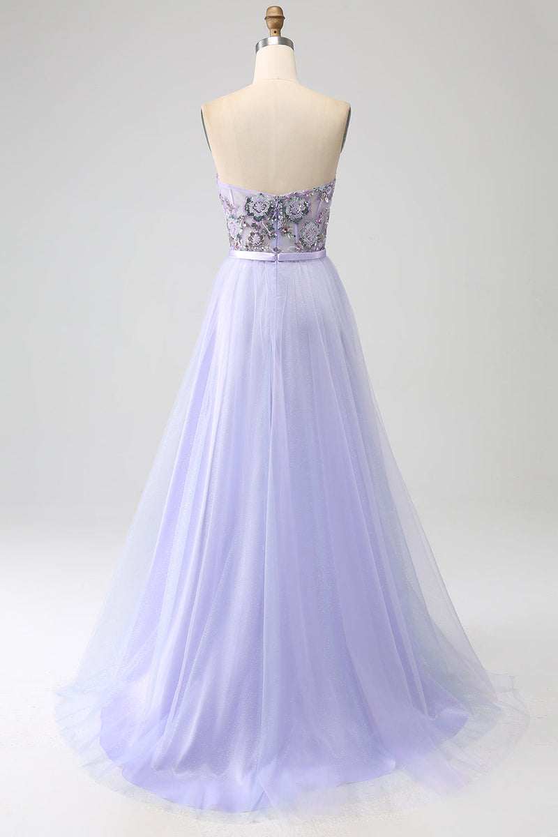 Load image into Gallery viewer, Lavender A Line Tulle Corset Formal Dress with Slit