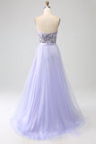 Lavender A Line Tulle Corset Formal Dress with Slit