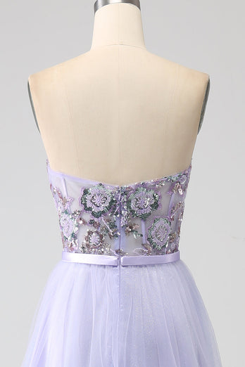 Lavender A Line Tulle Corset Formal Dress with Slit