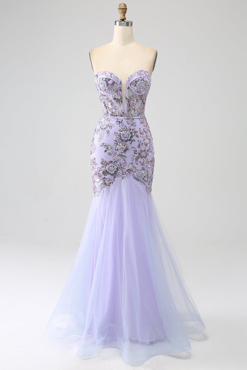 Load image into Gallery viewer, Mermaid Strapless Lavender Corset Formal Dress with Beading