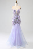 Mermaid Strapless Lavender Corset Formal Dress with Beading