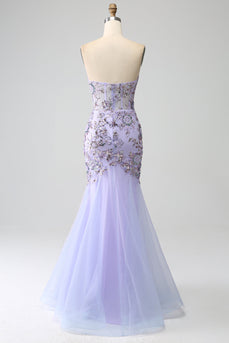 Mermaid Strapless Lavender Corset Formal Dress with Beading