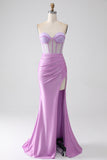 Lilac Mermaid Strapless Corset Formal Dress with Slit