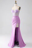 Lilac Mermaid Strapless Corset Formal Dress with Slit