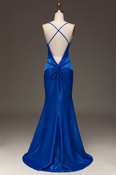 Simple Royal Blue Satin Mermaid Long Formal Dress