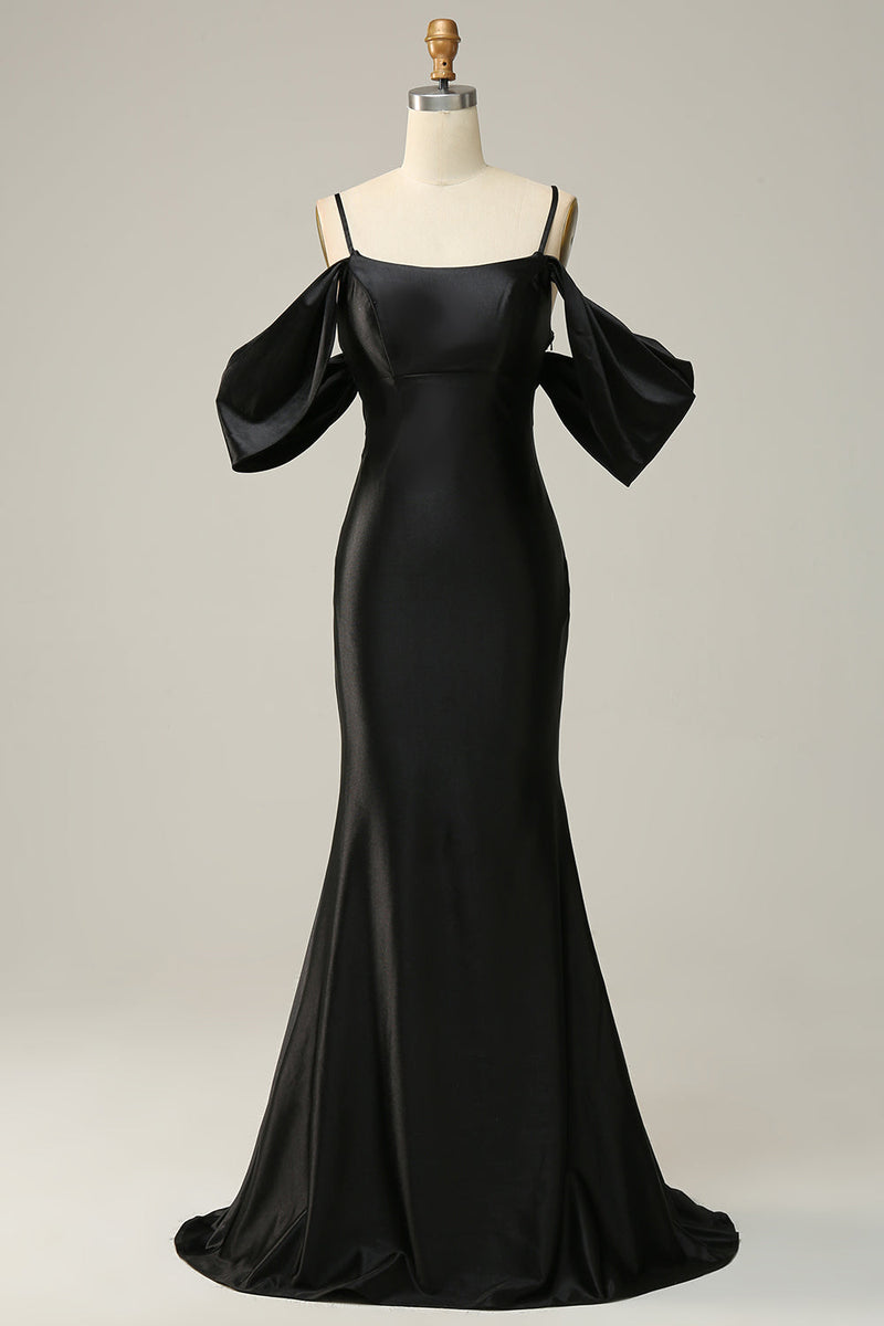 Load image into Gallery viewer, Mermaid Off the Shoulder Black Open Back Long Formal Dress