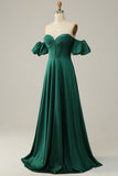 A Line Off the Shoulder Dark Green Long Formal Dress