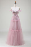 Off the Shoulder Tulle Pink Formal Dress with Appliques