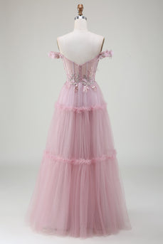 Off the Shoulder Tulle Pink Formal Dress with Appliques