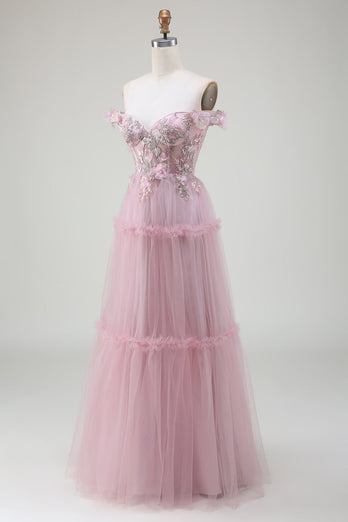 Off the Shoulder Tulle Pink Formal Dress with Appliques