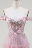 Load image into Gallery viewer, Off the Shoulder Tulle Pink Formal Dress with Appliques