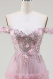 Off the Shoulder Tulle Pink Formal Dress with Appliques