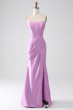 Strapless Purple Mermaid Corset Formal Dress with Pleated