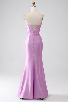 Strapless Purple Mermaid Corset Formal Dress with Pleated