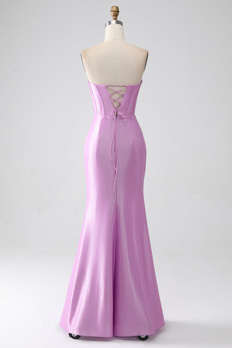Load image into Gallery viewer, Strapless Purple Mermaid Corset Formal Dress with Pleated