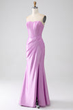 Strapless Purple Mermaid Corset Formal Dress with Pleated