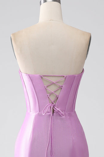 Strapless Purple Mermaid Corset Formal Dress with Pleated