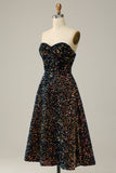 A Line Sweetheart Black Sequins Midi Formal Dress