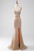 Load image into Gallery viewer, Mermaid Champagne Spaghetti Straps Long Formal Dress with Slit