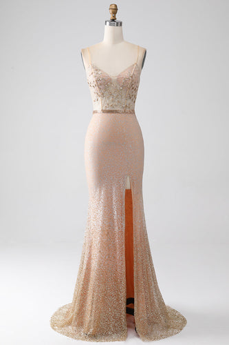 Mermaid Champagne Spaghetti Straps Long Formal Dress with Slit
