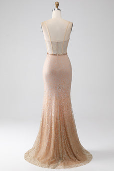 Mermaid Champagne Spaghetti Straps Long Formal Dress with Slit
