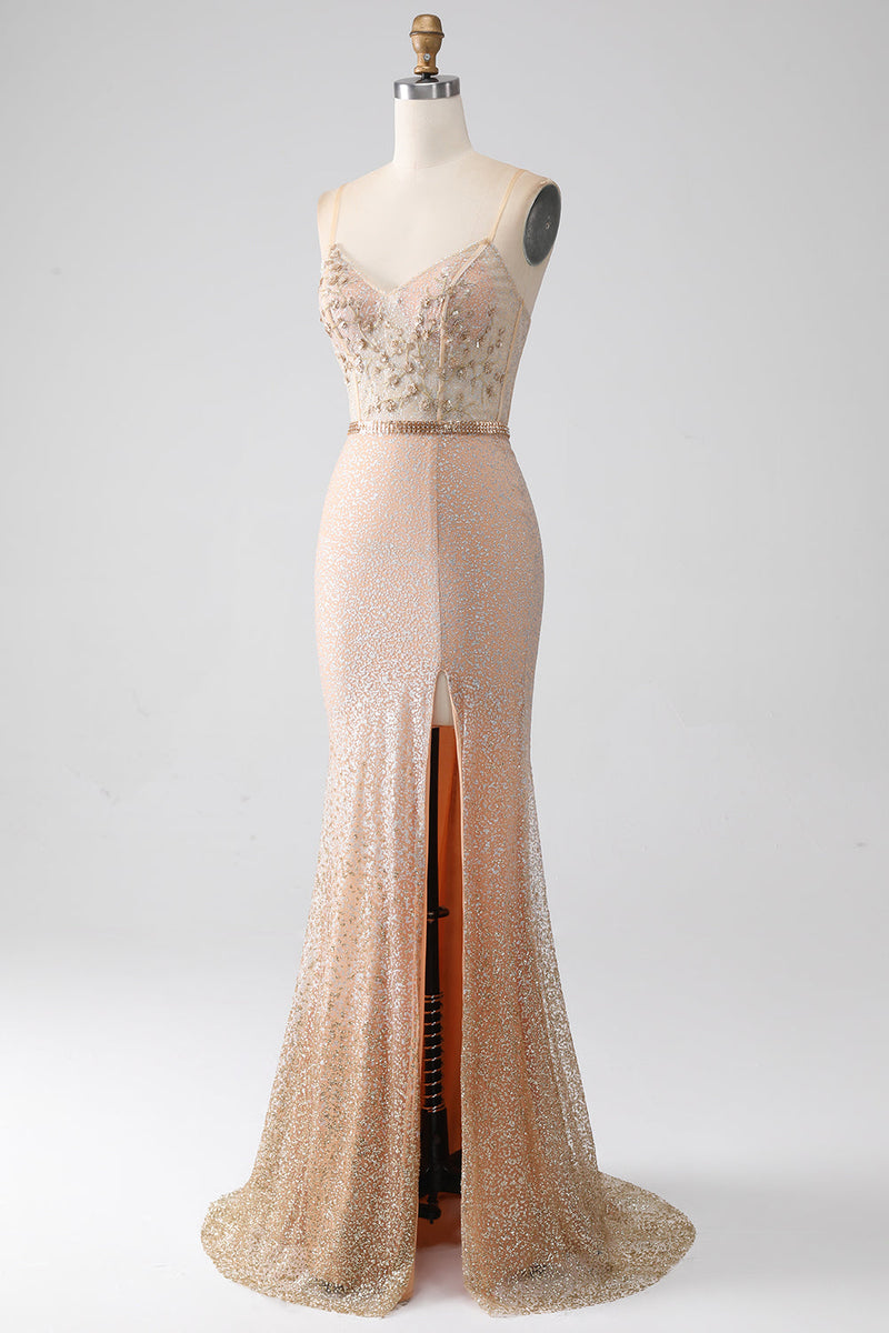 Load image into Gallery viewer, Mermaid Champagne Spaghetti Straps Long Formal Dress with Slit