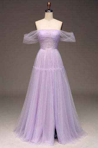 Lilac Off the Shoulder A Line Tulle Princess Formal Dress With Slit