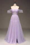 Lilac Off the Shoulder A Line Tulle Princess Formal Dress With Slit