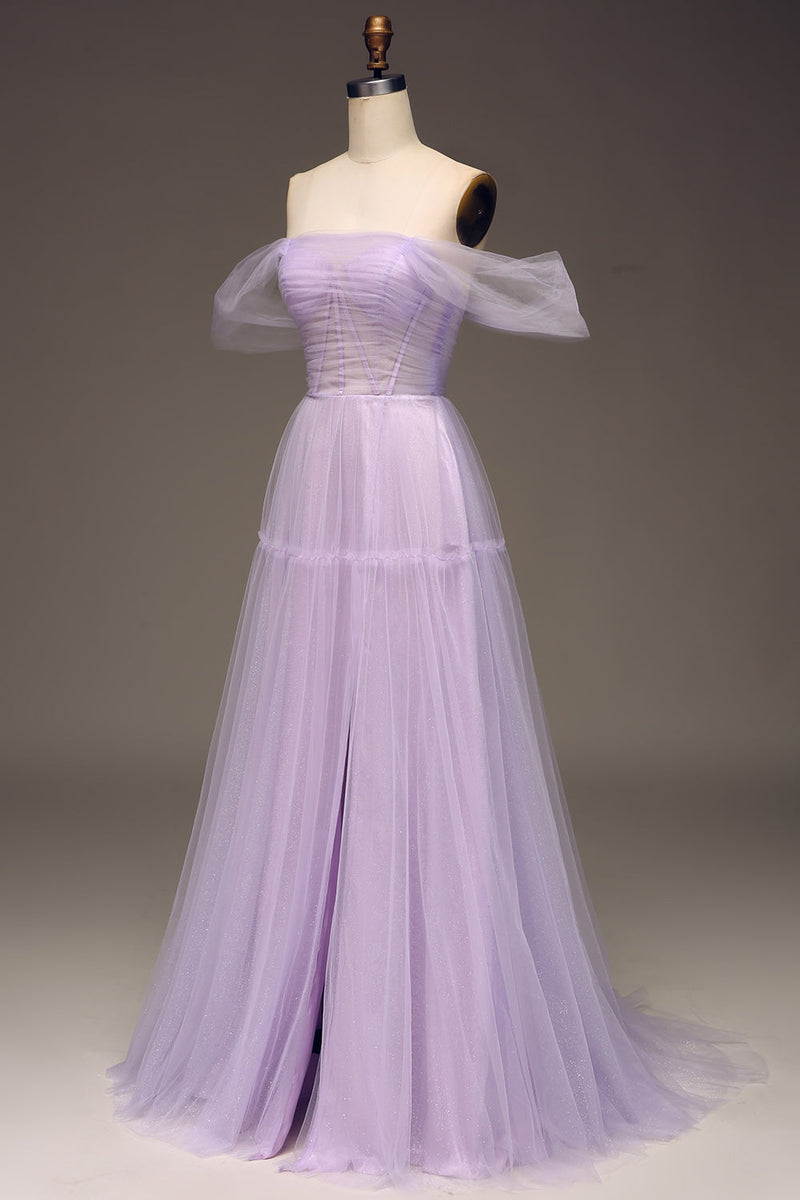 Load image into Gallery viewer, Lilac Off the Shoulder A Line Tulle Princess Formal Dress With Slit