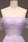 Lilac Off the Shoulder A Line Tulle Princess Formal Dress With Slit