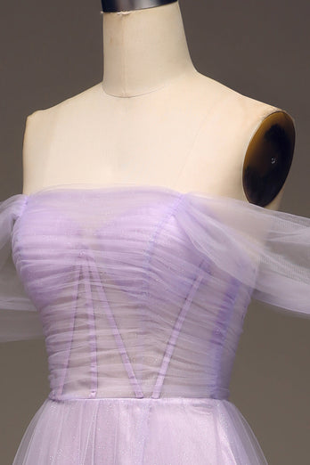 Lilac Off the Shoulder A Line Tulle Princess Formal Dress With Slit