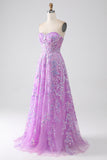 Purple A-Line Strapless Corset Formal Dress with Appliques