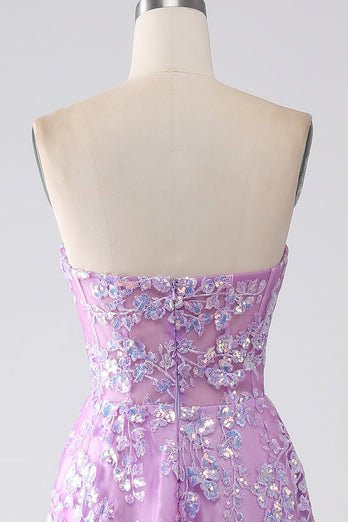 Purple A-Line Strapless Corset Formal Dress with Appliques