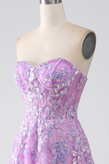 Purple A-Line Strapless Corset Formal Dress with Appliques