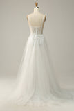 A Line Spaghetti Straps White Long Bridal Dress with Appliques